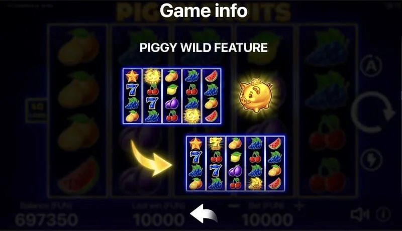 Piggy Fruits – játékképernyő 5x4-es rácson gyümölcsszimbólumokkal
